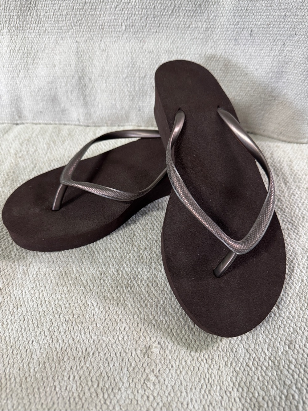 Women's Brown Flip Flop Sandals with bronze straps